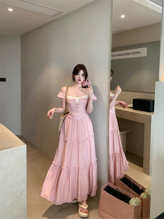 Pure Desire Age Reduction Suit Women's Sweet Puff Sleeve Slim Top Summer New High Waist Ruffled Long Skirt Two-piece Set