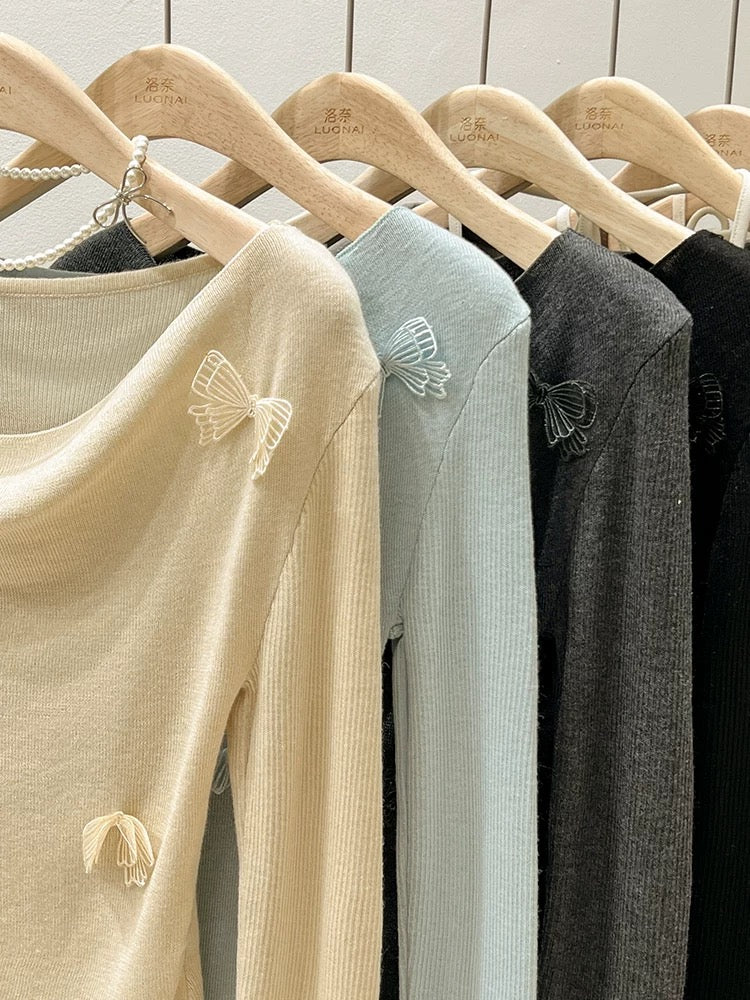 Blue Bow Swing Collar Sweater Women's Long Sleeve Spring and Autumn Off-Shoulder Off-Shoulder Cropped Tops and Bottoming Shirts