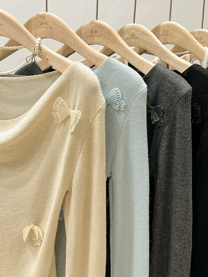 Blue Bow Swing Collar Sweater Women's Long Sleeve Spring and Autumn Off-Shoulder Off-Shoulder Cropped Tops and Bottoming Shirts