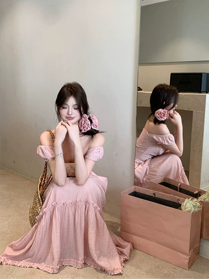 Pure Desire Age Reduction Suit Women's Sweet Puff Sleeve Slim Top Summer New High Waist Ruffled Long Skirt Two-piece Set