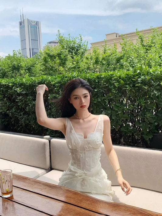 Lienni new summer style pure desire hollow sleeveless Tencel three-dimensional fishbone beautiful flower suspender dress for women