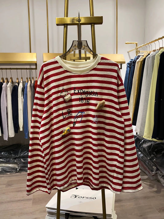 [Xiao Ai's Stall Photos] Unique Design 3D Lion Doll Striped Long-Sleeve T-Shirt for Women, Youthful Top