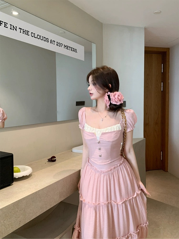 Pure Desire Age Reduction Suit Women's Sweet Puff Sleeve Slim Top Summer New High Waist Ruffled Long Skirt Two-piece Set