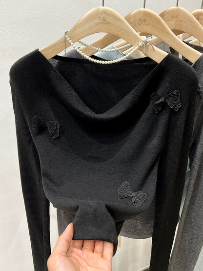 Blue Bow Swing Collar Sweater Women's Long Sleeve Spring and Autumn Off-Shoulder Off-Shoulder Cropped Tops and Bottoming Shirts
