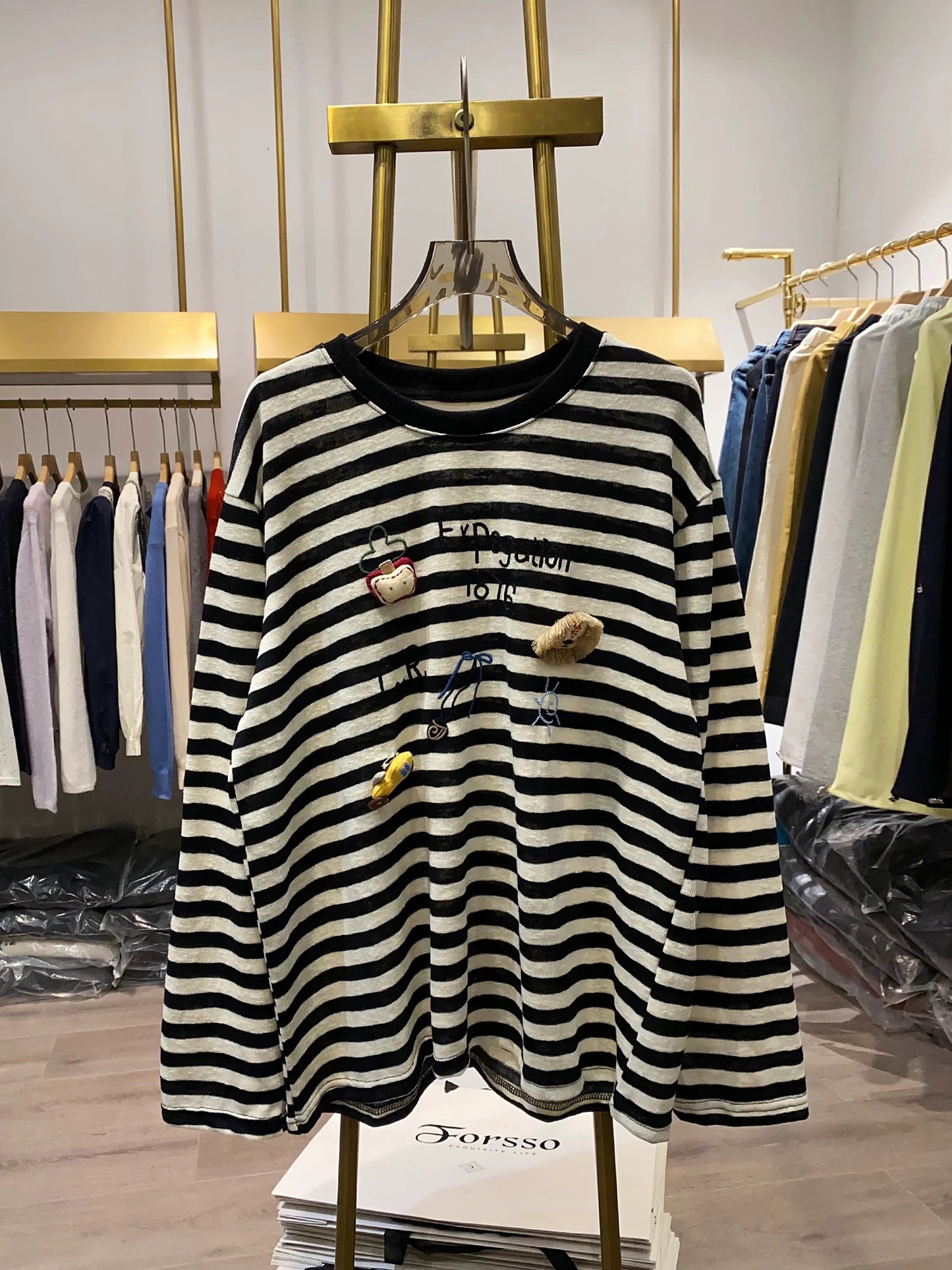 [Xiao Ai's Stall Photos] Unique Design 3D Lion Doll Striped Long-Sleeve T-Shirt for Women, Youthful Top