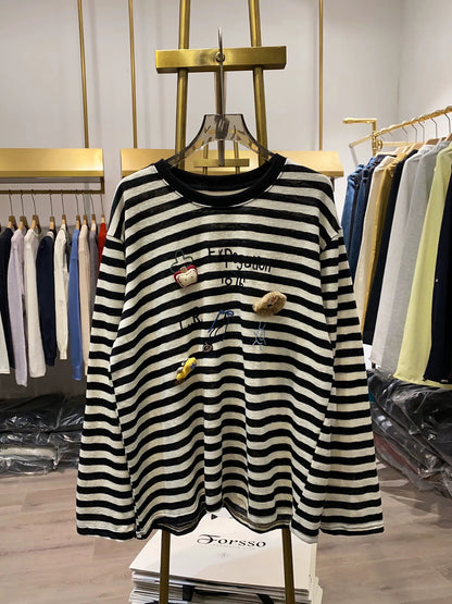 [Xiao Ai's Stall Photos] Unique Design 3D Lion Doll Striped Long-Sleeve T-Shirt for Women, Youthful Top