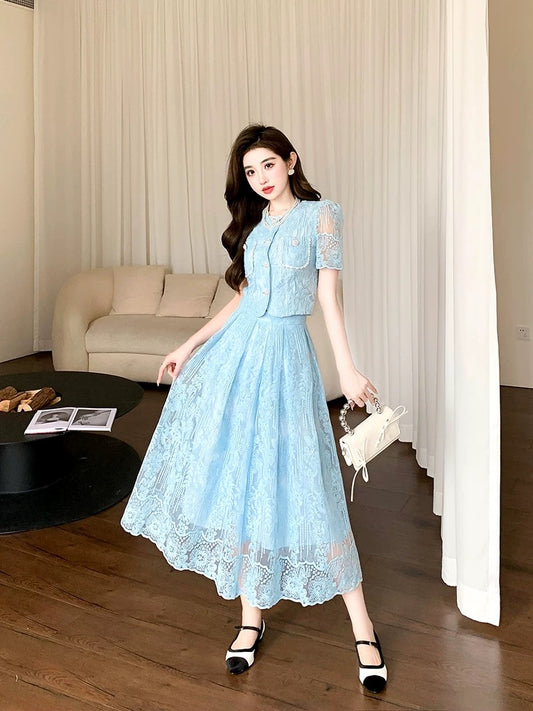 This year's popular fashionable small fragrance suit for women 2024 new summer high-end lace long skirt two-piece set