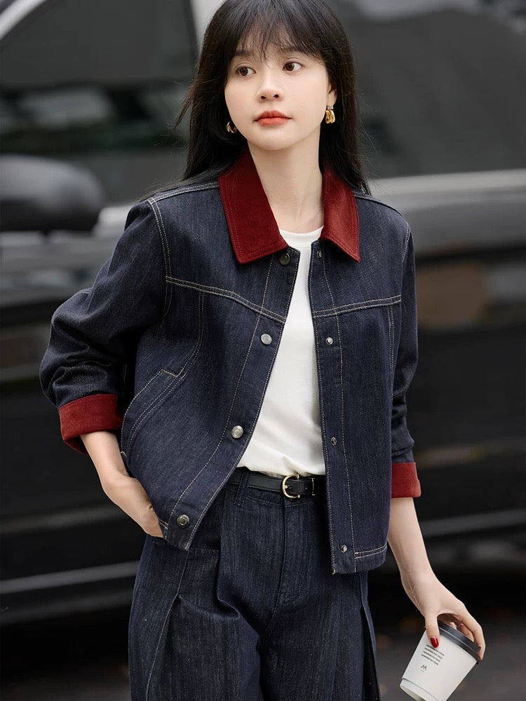 Mohan Yimei casual Korean style contrast color stitching retro denim versatile age-reducing jacket 2025 spring and summer new jacket