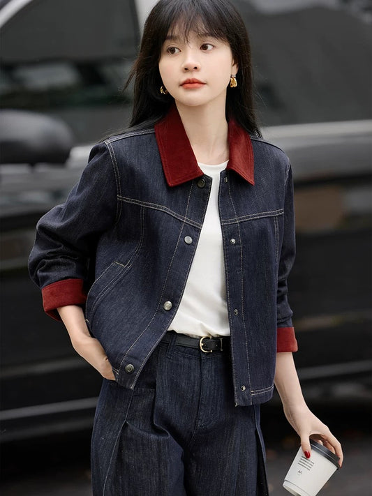 Mohan Yimei casual Korean style contrast color stitching retro denim versatile age-reducing jacket 2025 spring and summer new jacket