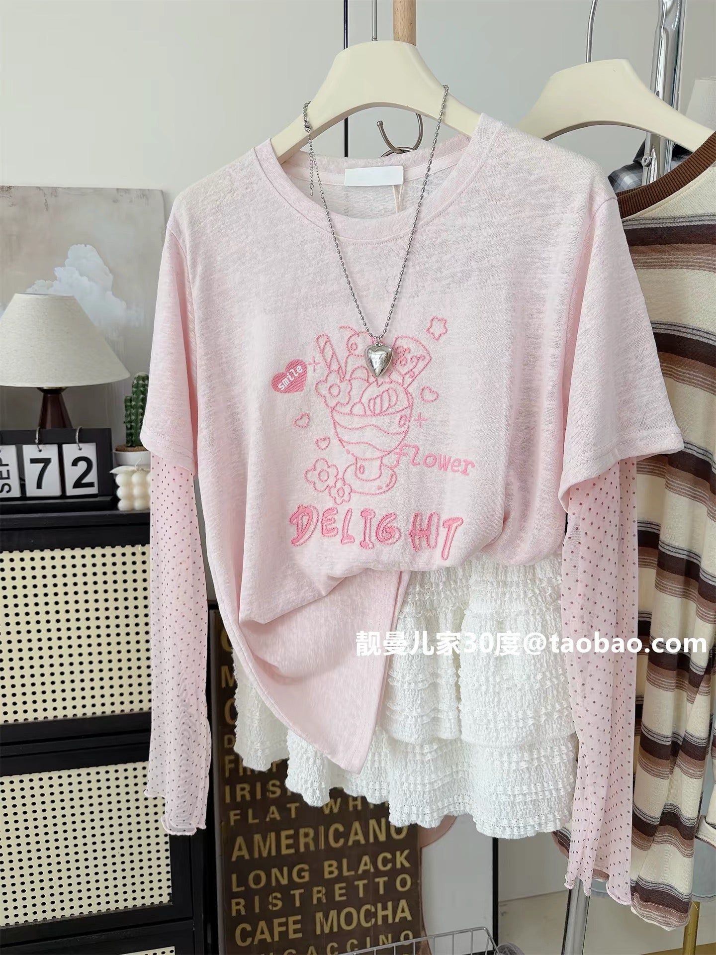 Colorful and girly~ Strawberry summer loose-fitting polka dot mesh faux two-piece sun protection long-sleeved T-shirt
