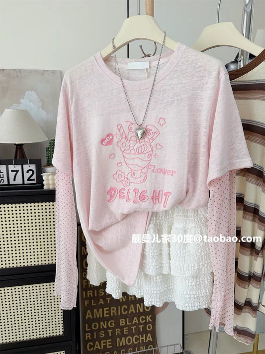 Colorful and girly~ Strawberry summer loose-fitting polka dot mesh faux two-piece sun protection long-sleeved T-shirt