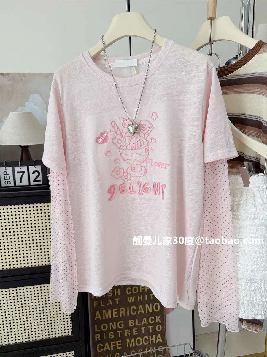 Colorful and girly~ Strawberry summer loose-fitting polka dot mesh faux two-piece sun protection long-sleeved T-shirt