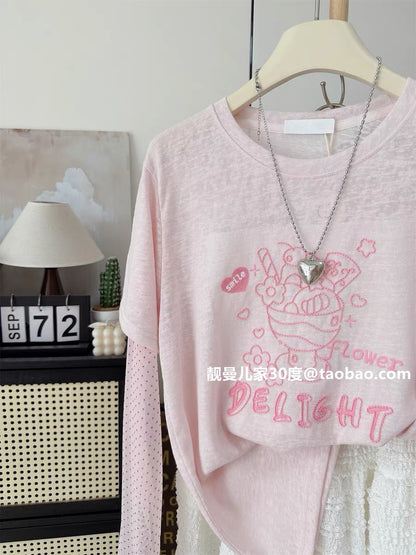 Colorful and girly~ Strawberry summer loose-fitting polka dot mesh faux two-piece sun protection long-sleeved T-shirt