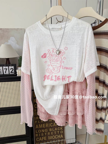 Sweet and cute~ Summer loose-fitting ice cream embroidered top, polka dot mesh patchwork sleeves, faux two-piece long-sleeved T-shirt with sun protection