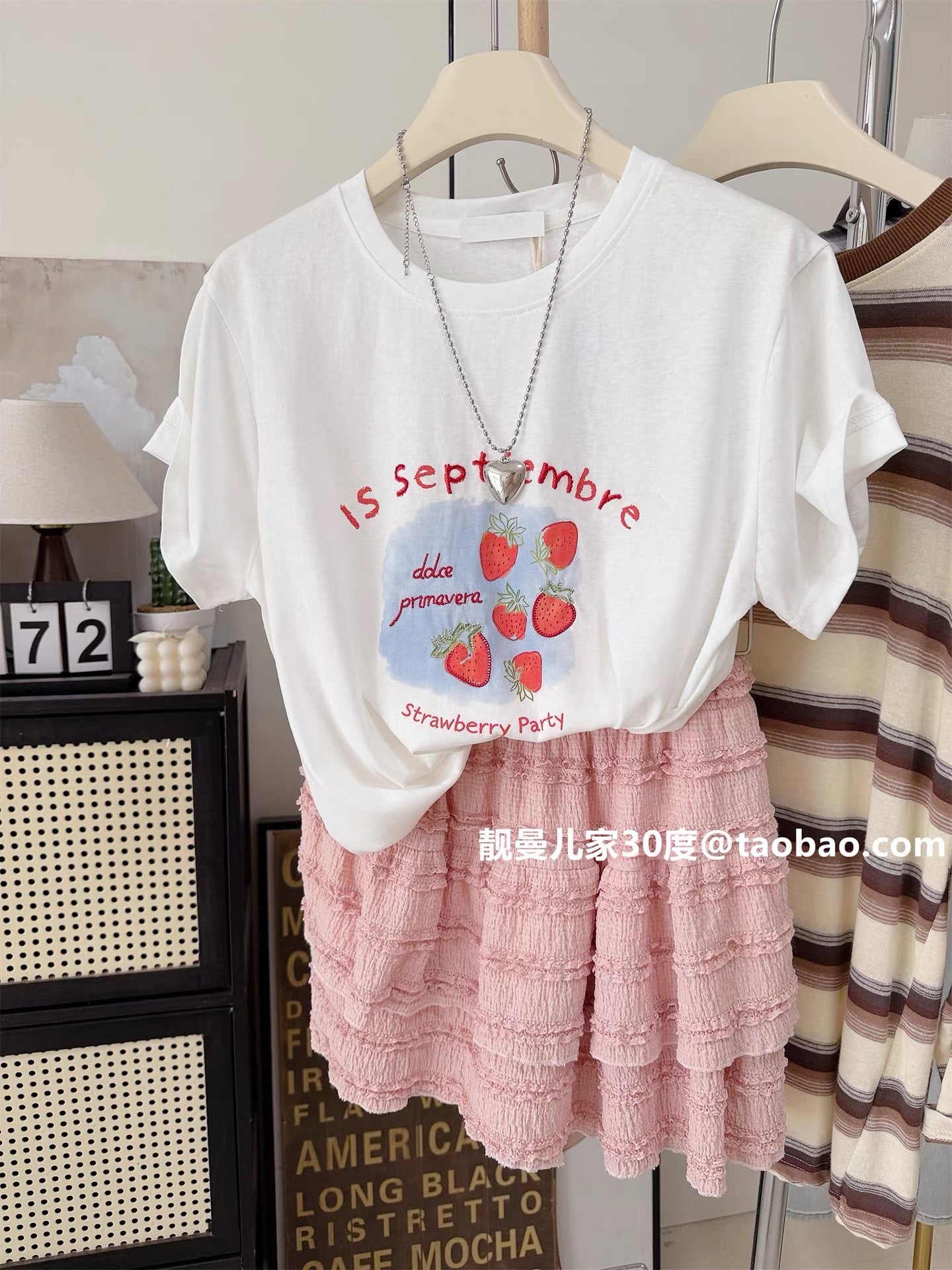 Six Strawberries ~ Floral Print Embroidery Loose Fit Women's Summer Thin Top Sweet, Cute, Stylish Korean Style Short-Sleeve T-Shirt