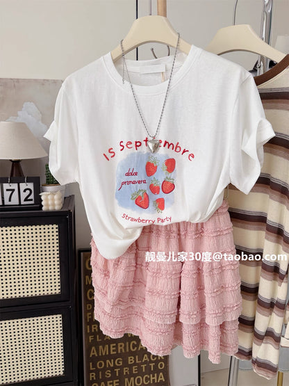 Six Strawberries ~ Floral Print Embroidery Loose Fit Women's Summer Thin Top Sweet, Cute, Stylish Korean Style Short-Sleeve T-Shirt