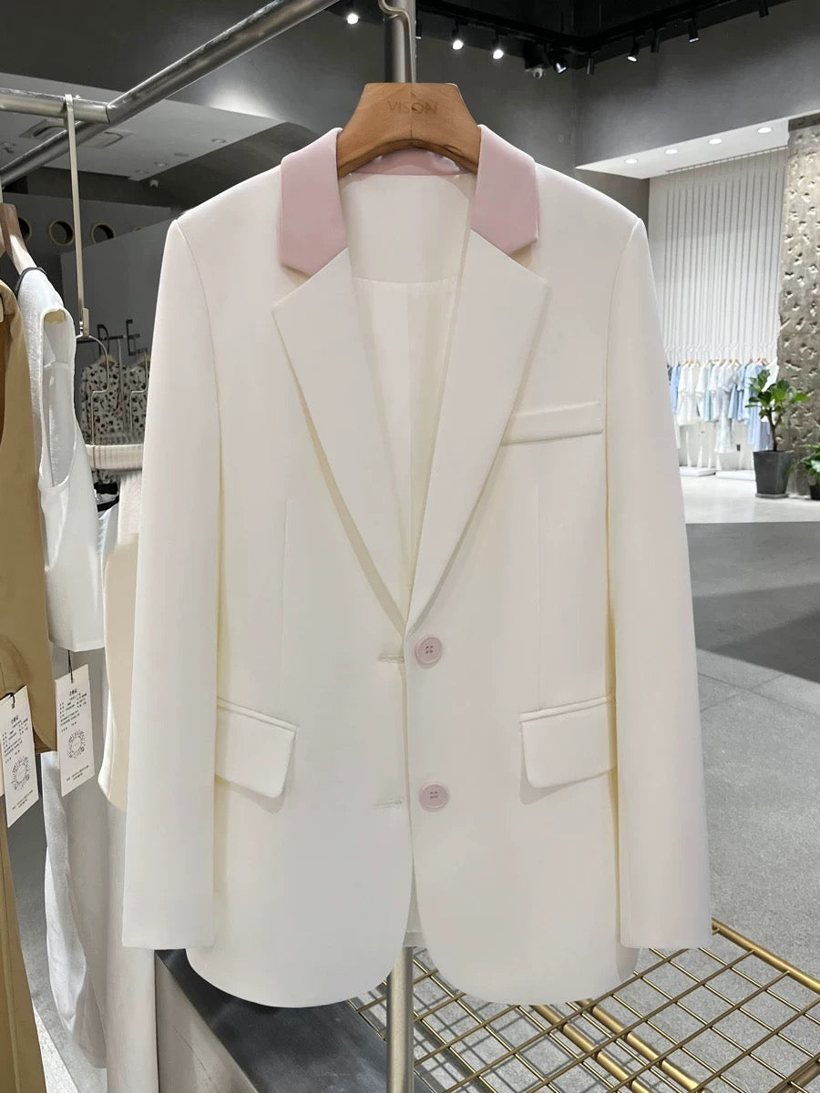 White and pink contrasting color stitching super good-looking suit jacket for women 2024 spring new autumn clothing elegant fashionable high-end suit