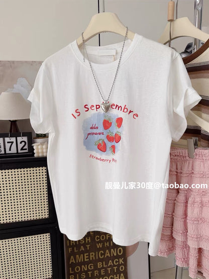 Six Strawberries ~ Floral Print Embroidery Loose Fit Women's Summer Thin Top Sweet, Cute, Stylish Korean Style Short-Sleeve T-Shirt