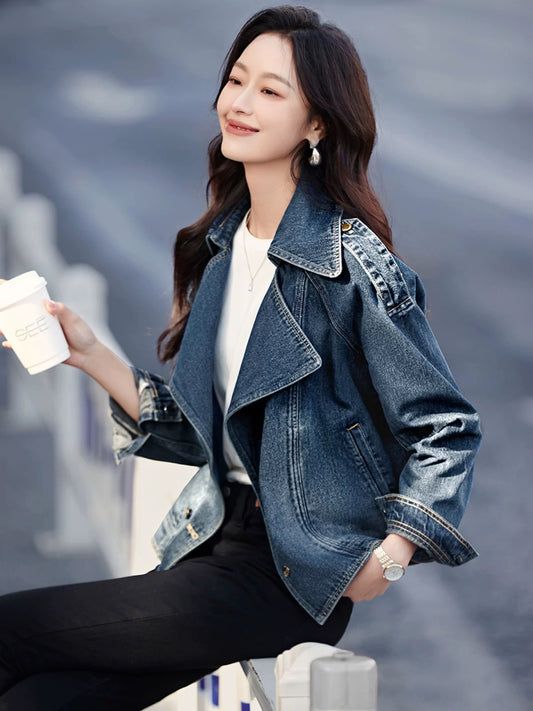 Mohan Yimei casual fashion jacket 2025 spring new style windbreaker short lapel women's denim jacket