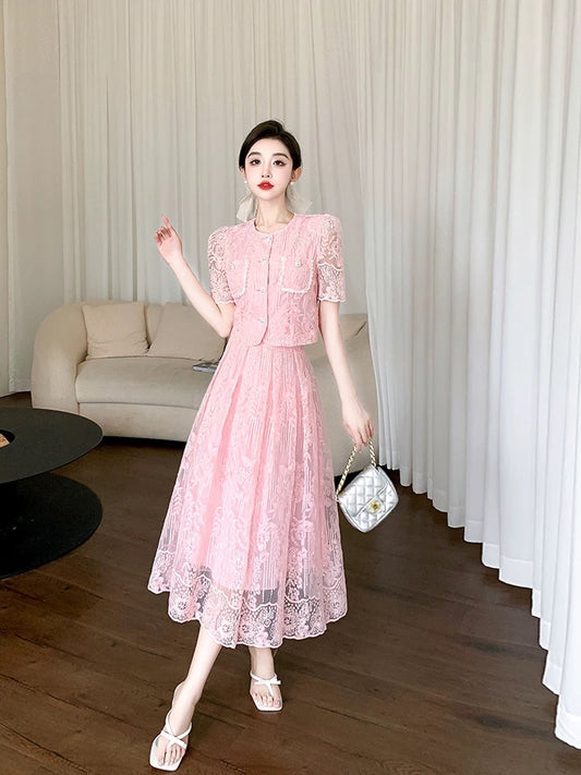 This year's popular fashion suits for women 2024 new summer age-reducing, western style, high-end lace skirt two-piece set