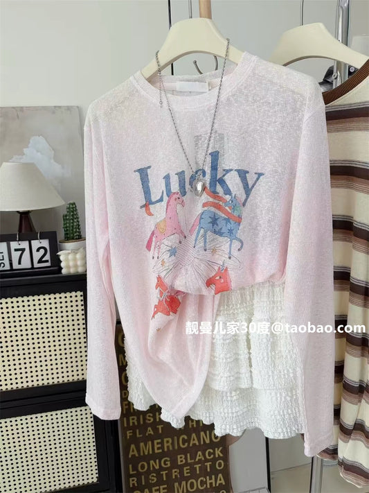 Casual style ~ Cartoon pony print long-sleeved T-shirt for women, light pink, loose fit, sun protection cover-up, summer top trendy