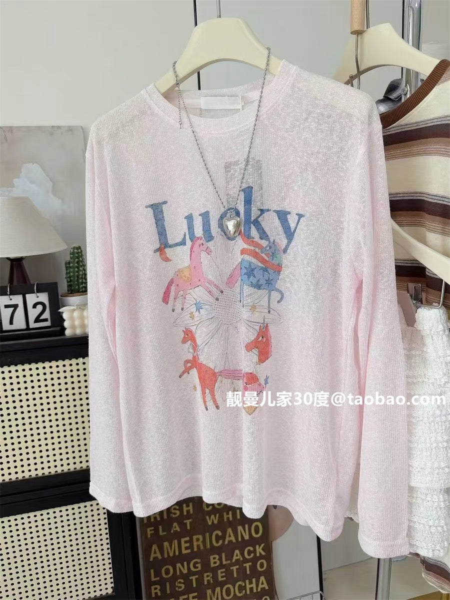 Casual style ~ Cartoon pony print long-sleeved T-shirt for women, light pink, loose fit, sun protection cover-up, summer top trendy