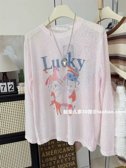 Casual style ~ Cartoon pony print long-sleeved T-shirt for women, light pink, loose fit, sun protection cover-up, summer top trendy