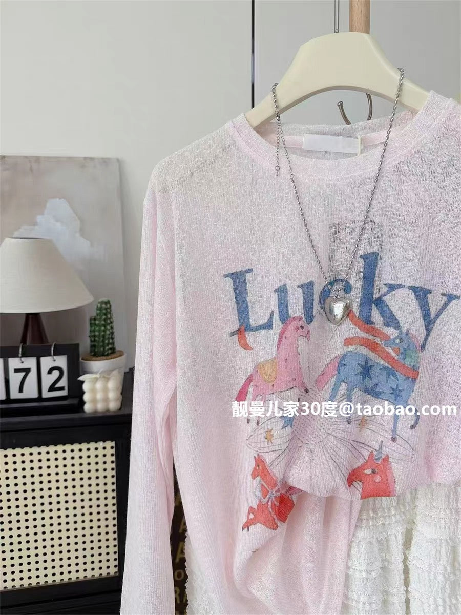 Casual style ~ Cartoon pony print long-sleeved T-shirt for women, light pink, loose fit, sun protection cover-up, summer top trendy