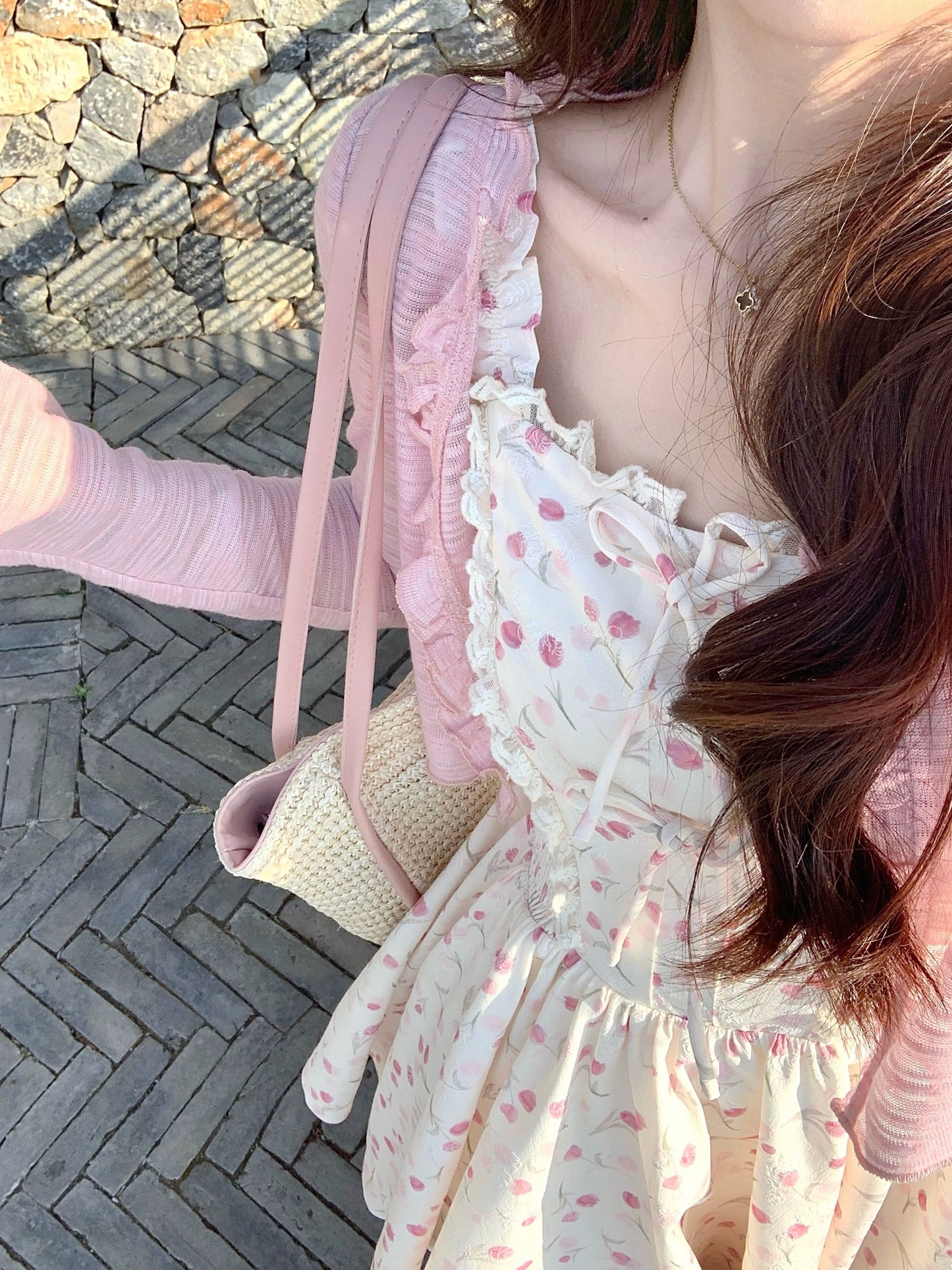 Q Girl's Home Peach Stuffed Light Sakura/French Floral Dress Women's Summer Pink Little Sweet Suspender Short Skirt