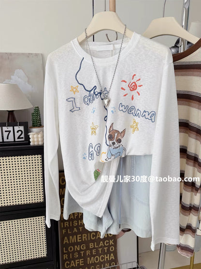 Lyocell Tencel Cooling Style Summer Thin Loose Korean Style Letter Puppy Top Korean Style Long Sleeve T-Shirt Sun Protection Shirt