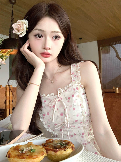 Q Girl's Home Peach Stuffed Light Sakura/French Floral Dress Women's Summer Pink Little Sweet Suspender Short Skirt