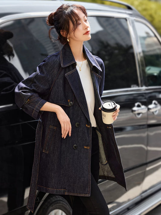 Mohan Yimei contrast color line retro classic original color denim belt loose jacket 2025 spring new style windbreaker