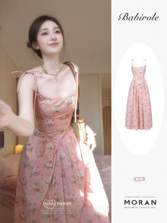 French sweet and spicy style pink floral suspender dress for women summer beautiful unique beautiful waist holiday long skirt