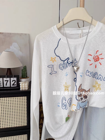 Lyocell Tencel Cooling Style Summer Thin Loose Korean Style Letter Puppy Top Korean Style Long Sleeve T-Shirt Sun Protection Shirt