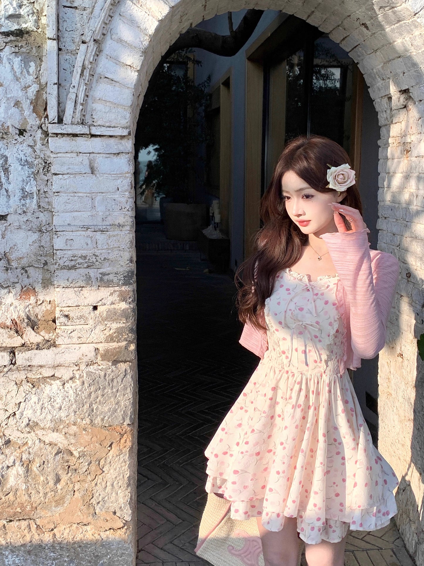 Q Girl's Home Peach Stuffed Light Sakura/French Floral Dress Women's Summer Pink Little Sweet Suspender Short Skirt