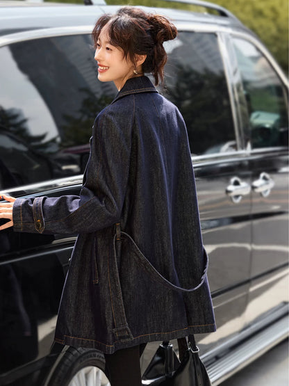 Mohan Yimei contrast color line retro classic original color denim belt loose jacket 2025 spring new style windbreaker