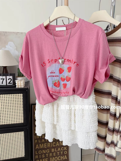 Six Strawberries ~ Floral Embroidery Summer Thin Loose Women's Top Korean Style Dopamine Sweet Slimming Short-Sleeve T-Shirt