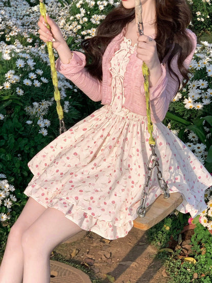 Q Girl's Home Peach Stuffed Light Sakura/French Floral Dress Women's Summer Pink Little Sweet Suspender Short Skirt