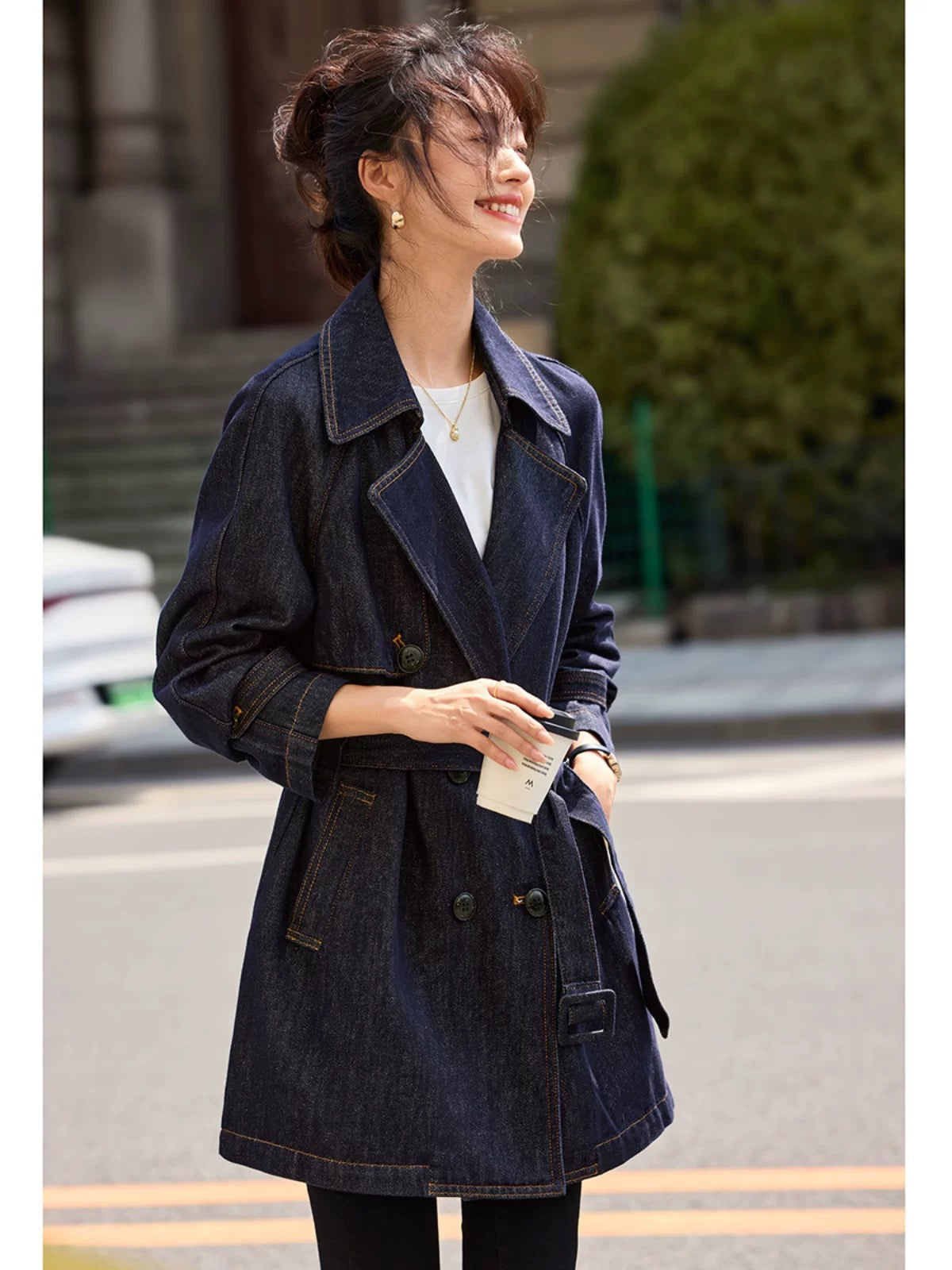 Mohan Yimei contrast color line retro classic original color denim belt loose jacket 2025 spring new style windbreaker