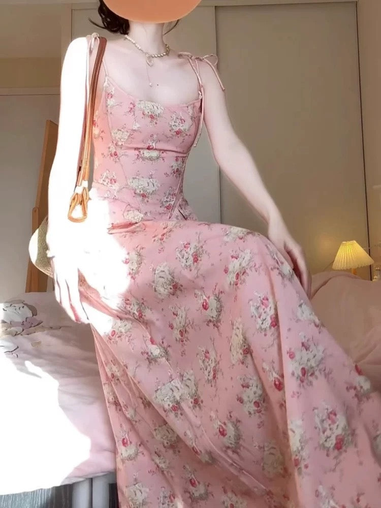 French sweet and spicy style pink floral suspender dress for women summer beautiful unique beautiful waist holiday long skirt