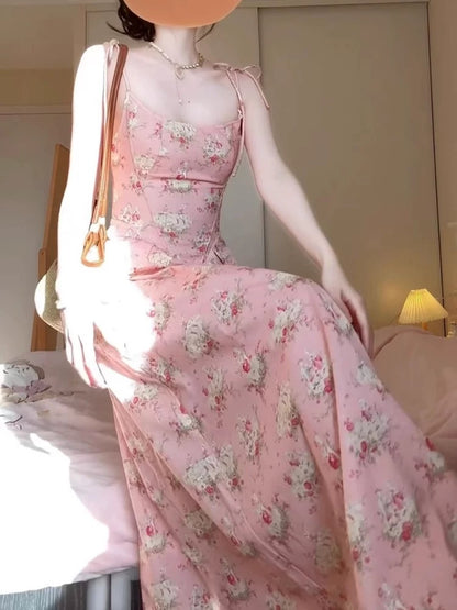 French sweet and spicy style pink floral suspender dress for women summer beautiful unique beautiful waist holiday long skirt