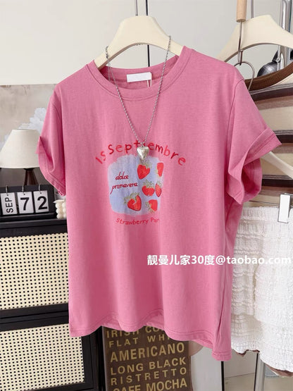 Six Strawberries ~ Floral Embroidery Summer Thin Loose Women's Top Korean Style Dopamine Sweet Slimming Short-Sleeve T-Shirt