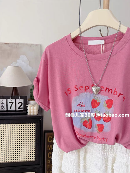 Six Strawberries ~ Floral Embroidery Summer Thin Loose Women's Top Korean Style Dopamine Sweet Slimming Short-Sleeve T-Shirt