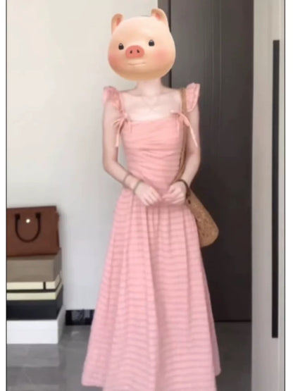 French temperament gentle pink small flying sleeve dress summer 2025 new waist seaside holiday fairy long dress