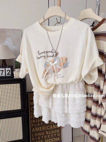 Bow-tie croissant bag summer short-sleeved T-shirt ~ Loose-fitting Korean style linen cotton print simple and stylish women's top