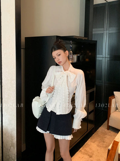 1302LAB French heavy lace stitching big bow white shirt 2025 spring new beautiful top