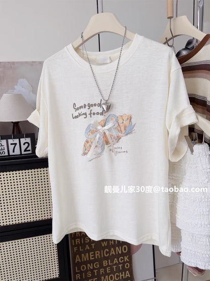 Bow-tie croissant bag summer short-sleeved T-shirt ~ Loose-fitting Korean style linen cotton print simple and stylish women's top