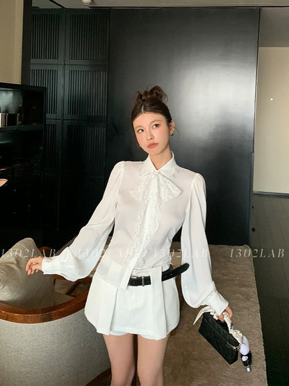 1302LAB French heavy lace stitching big bow white shirt 2025 spring new beautiful top