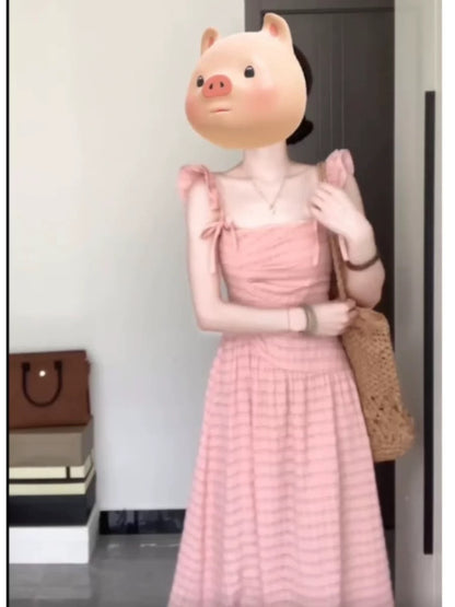French temperament gentle pink small flying sleeve dress summer 2025 new waist seaside holiday fairy long dress
