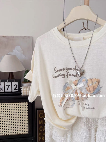 Bow-tie croissant bag summer short-sleeved T-shirt ~ Loose-fitting Korean style linen cotton print simple and stylish women's top